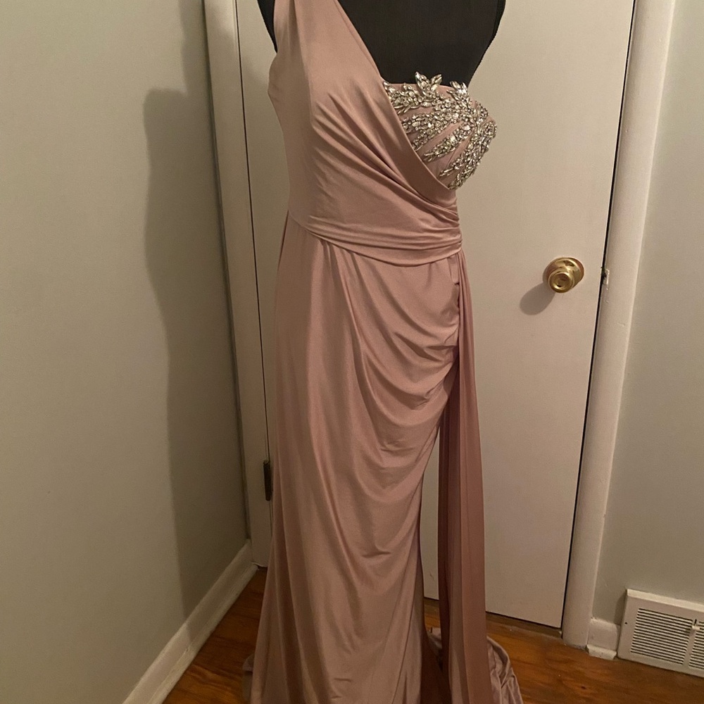 One Shoulder Mauve Maid of Honor, Beaded Side Train Portia & Scarlett Gown- 12